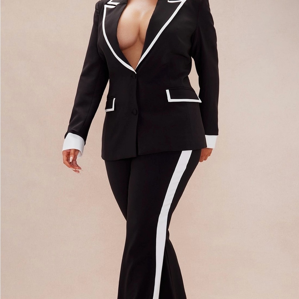 Black & White Contrast Trim Women's Blazer and Pants Set